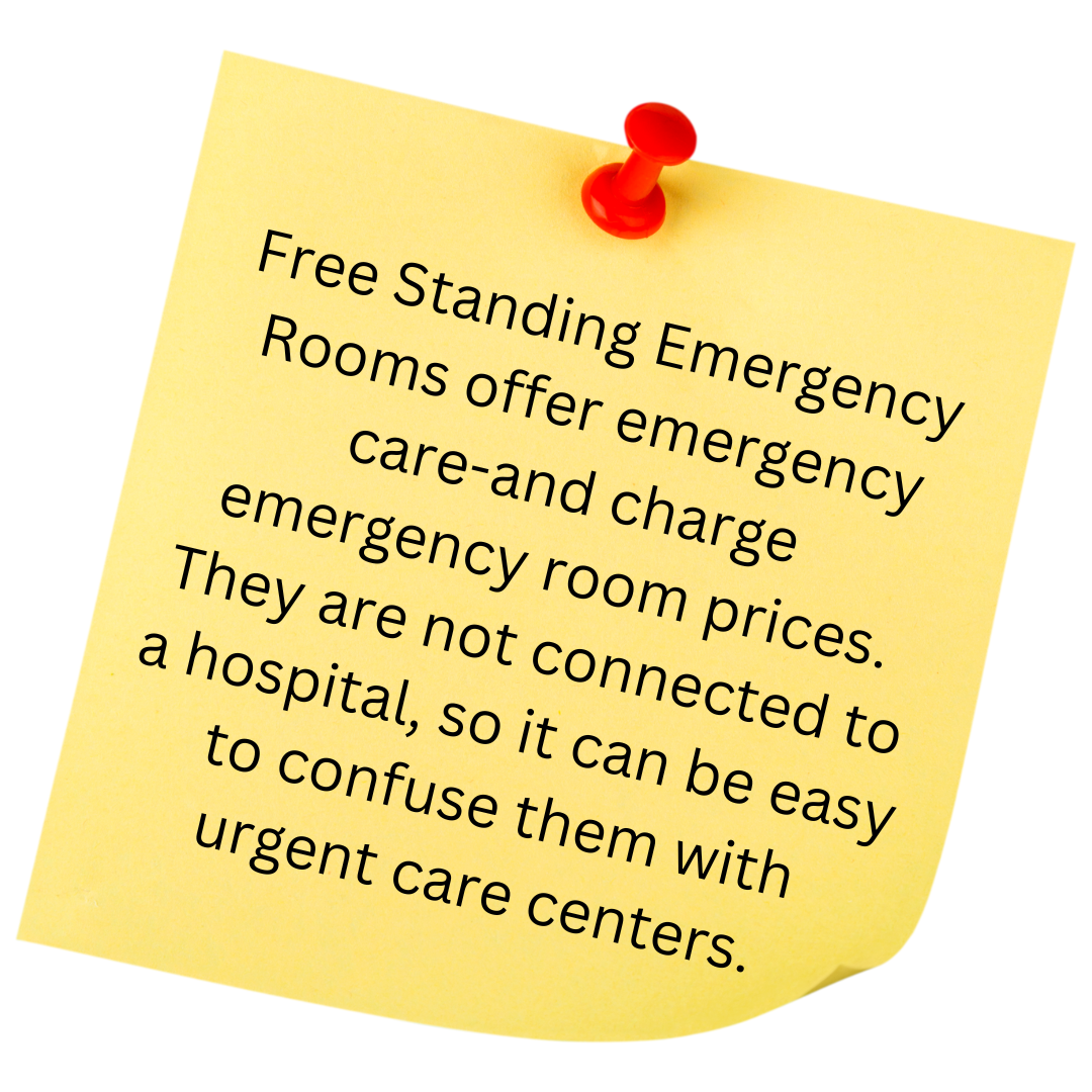 Post it note with an explanation of free standing emergency rooms